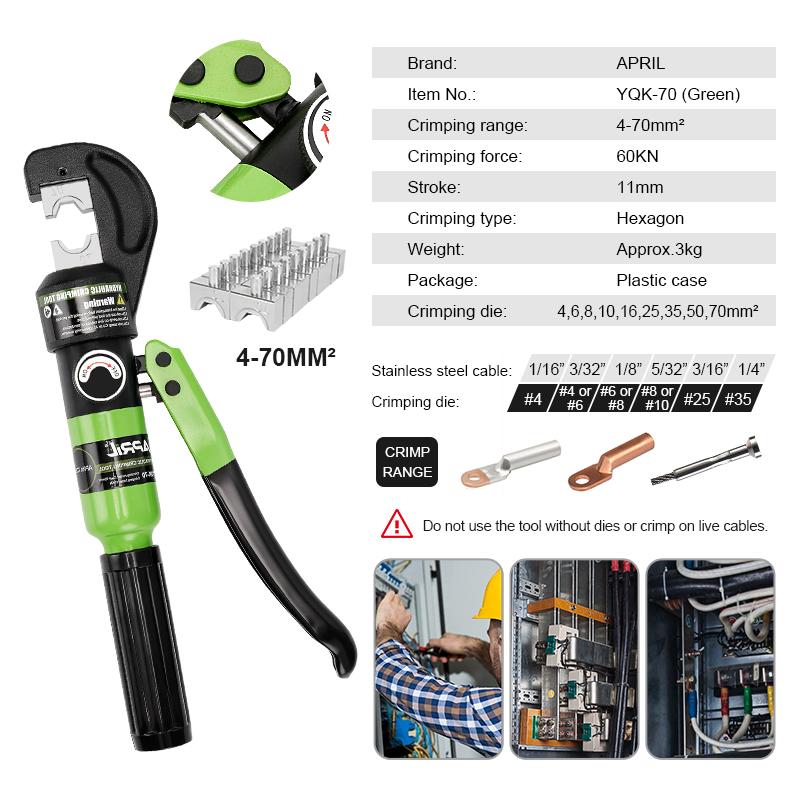 APRIL Hydraulic Crimping Tool YQK-70 Cable Lug Crimper Plier 4-70mm2 Compression Tool Pressure 5-6T Pressure