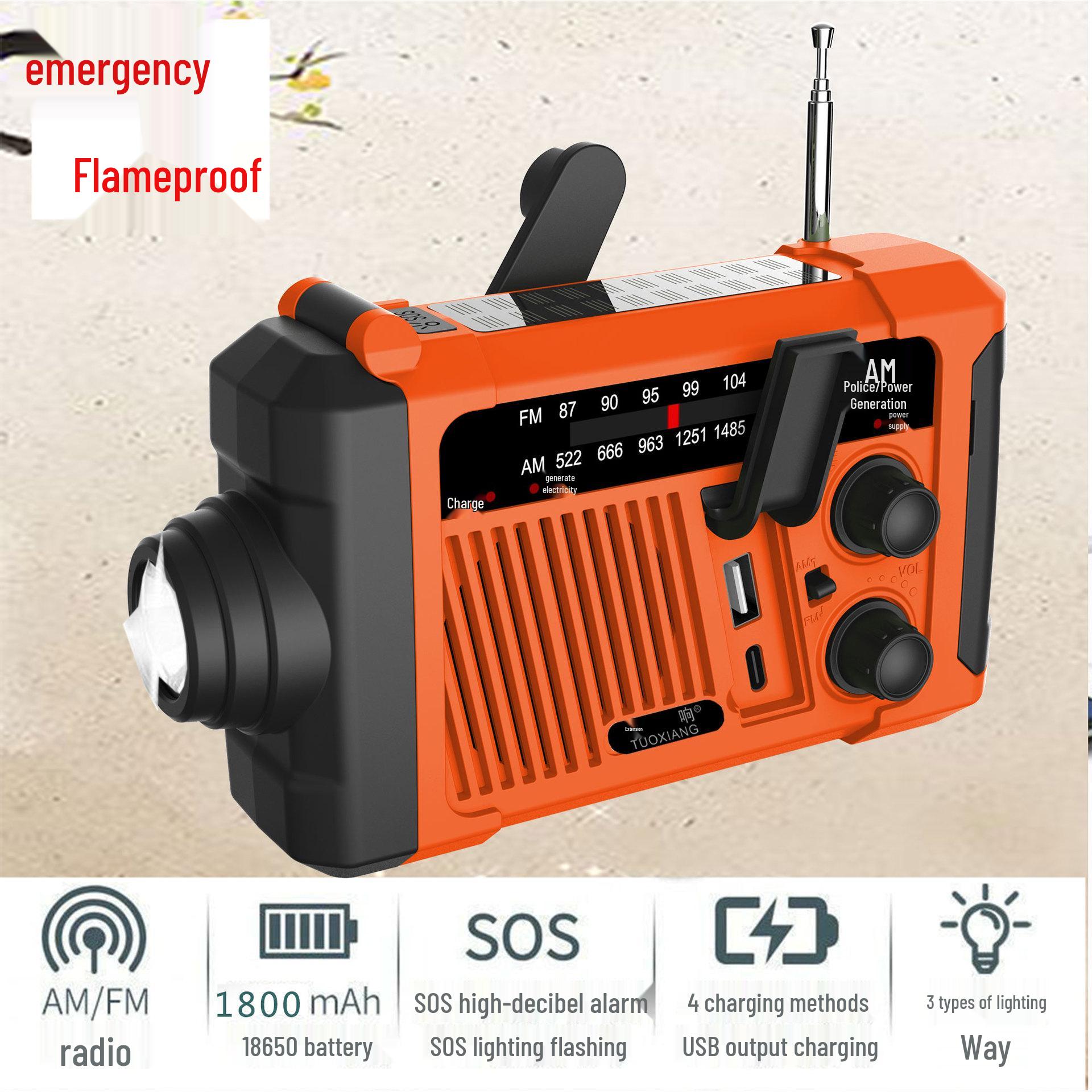 

Tuoxiang T-6667 Emergency Hand-Crank Radio & Solar Flashlight Power Bank Official Standard (1800mAh battery + cable)