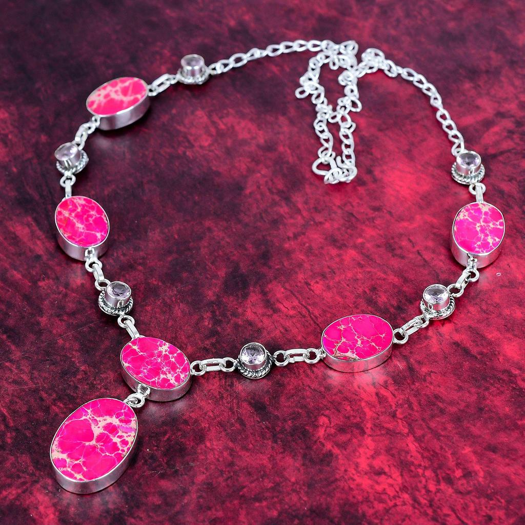 Pink Sea Sediment & Kunzite 925 Solid Sterling Silver Necklace with Adjustable Chain, Handmade Gemstone Jewelry Necklace For Memorial Day