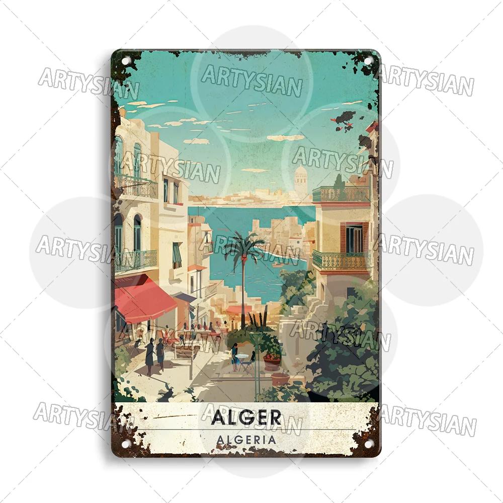 Maghreb Travel Cityscape Metal Sign Alger Algeria Djerba Tunisia Chefchaouen Morocco Marrakesh Zarzis Oran Tiaret Kabylie