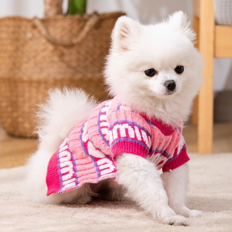 Clearance Dog Sweater Warm Striped Love Dog Sweater Pink Autumn and Winter Pet Sweater Puppy Puppy Medium Small Dog