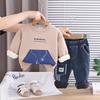 Boys' long sleeved two-piece set, 0-5-year-old children's printed fleece hoodie+casual denim pants set