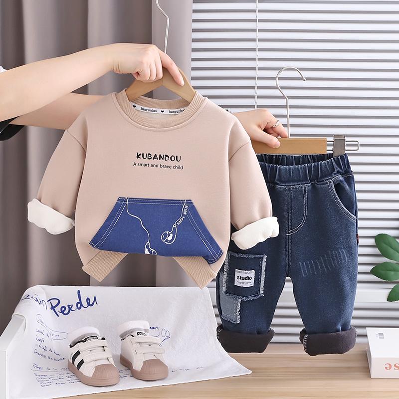 Boys' long sleeved two-piece set, 0-5-year-old children's printed fleece hoodie+casual denim pants set