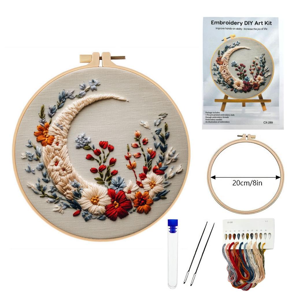 Starry Moon Embroidery KIT- Cross Stitch Kit DIY Needlepoint Including Cloth with Pattern, Hoop, Needles Instruction and Threads