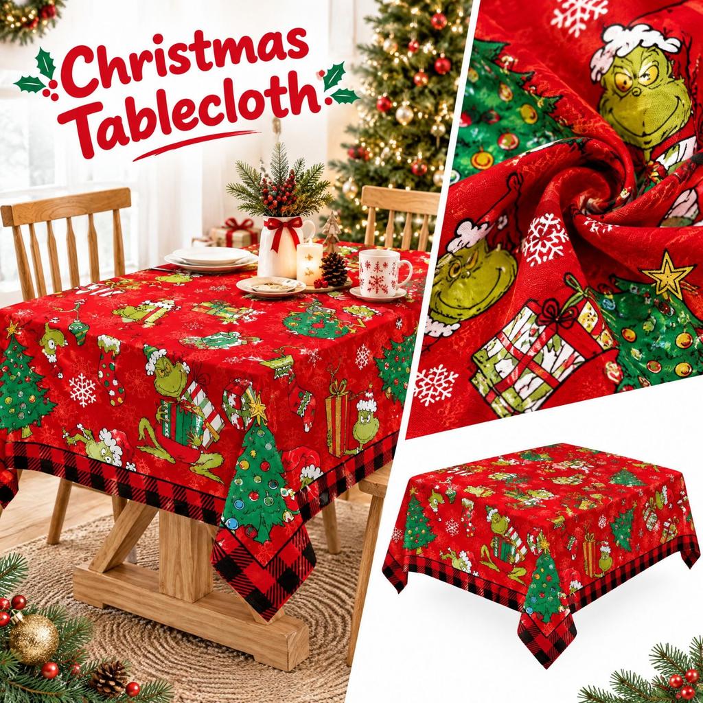 Christmas Tablecloth with Cute Pattern Print, Festive Holiday Party Decoration Table Cover