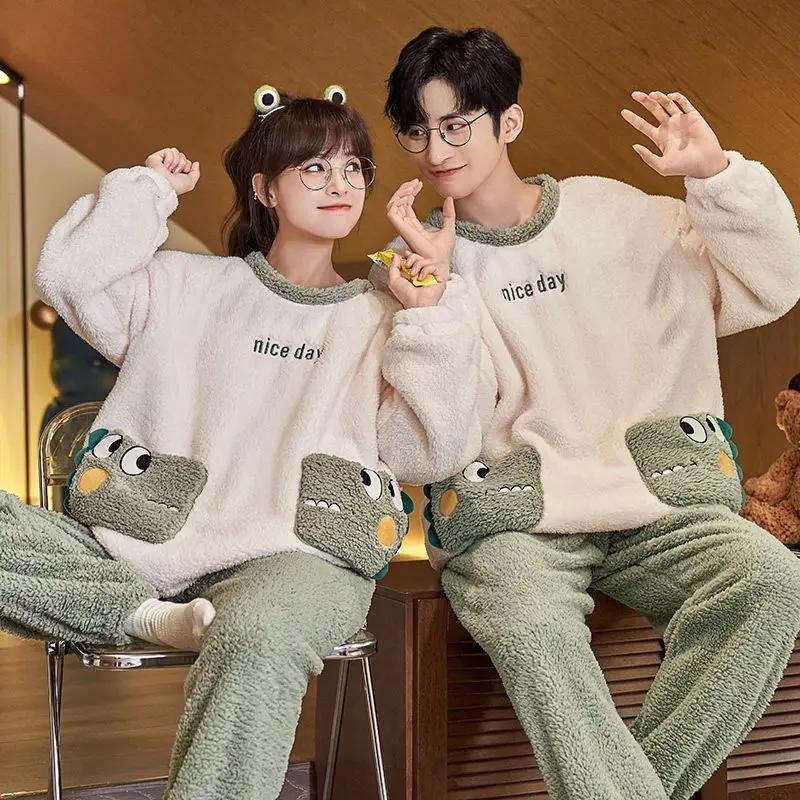 New Coral Velvet Couple Pajamas Women Thickened Autumn Winter Sleepwear Plus Velvet Flannel Men Round Collar Homewear Suit