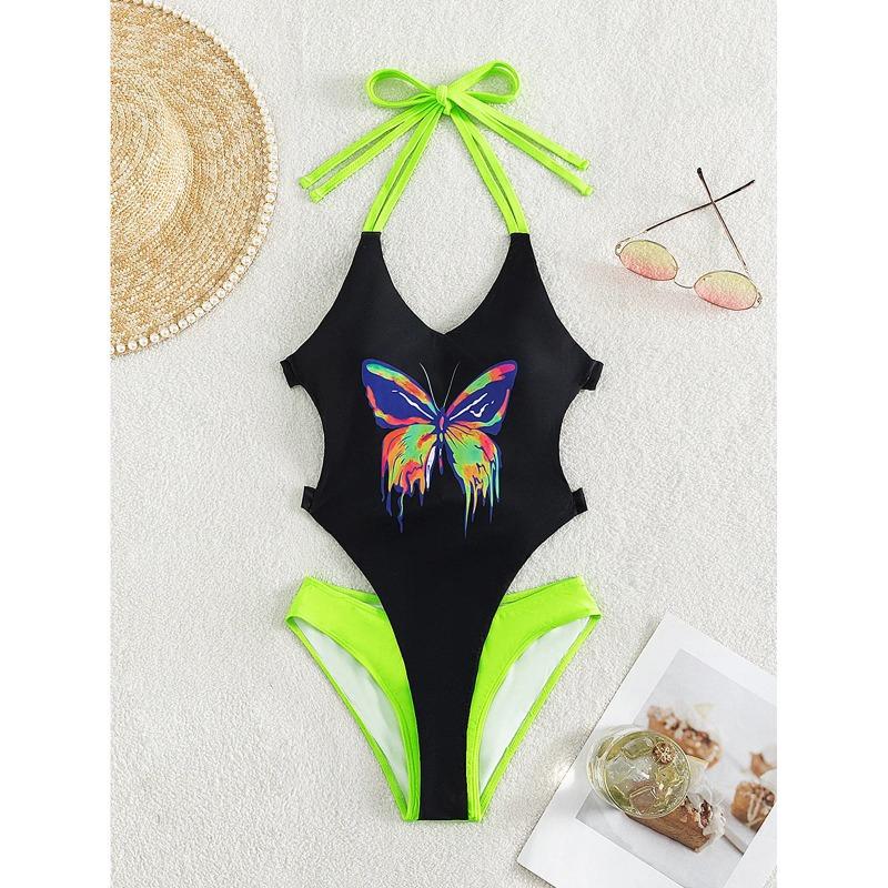 High Cut One Piece Swimsuit Women Summer Neon Patchwork Backless 1 Onepiece Swimwear Swimming Suit For Women Bathing Suit