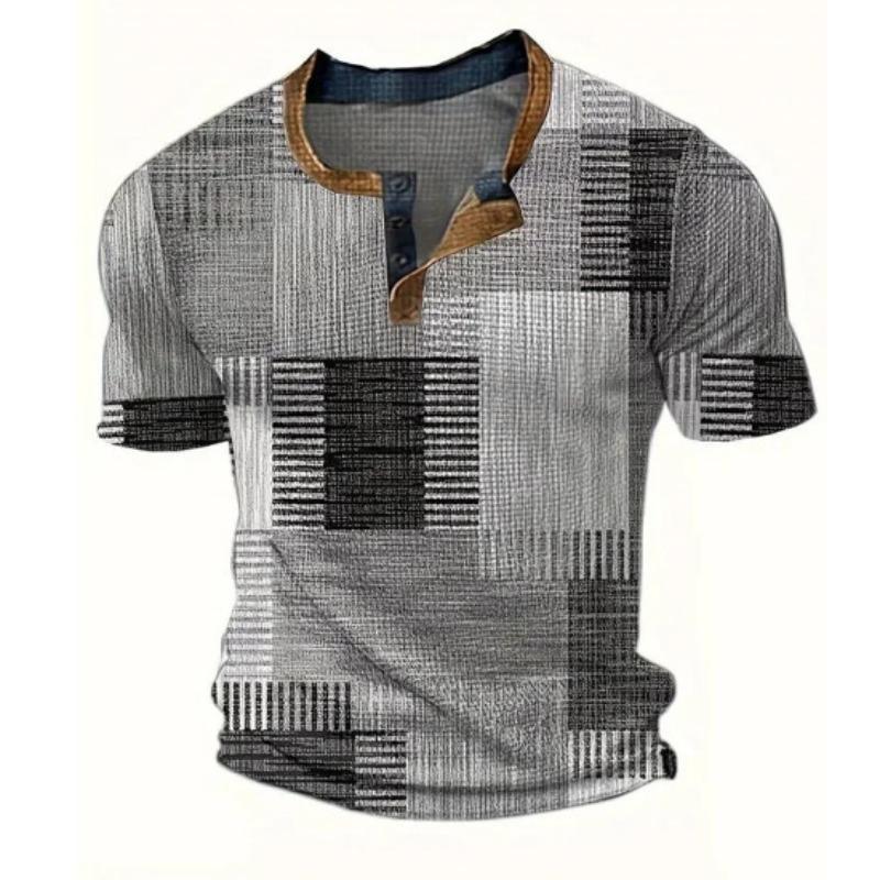 European and American semi-cardigan, casual short-sleeved digital printing slim-fit pullover Henry T-shirt top men's clothing