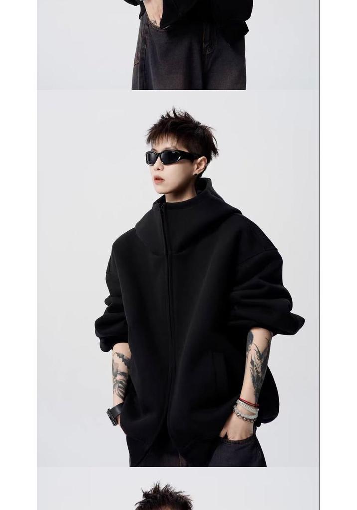 Unisex Heavyweight Double Zipper Hoodie, 300g - Sporty Loose Fit Cardigan for Spring and Autumn