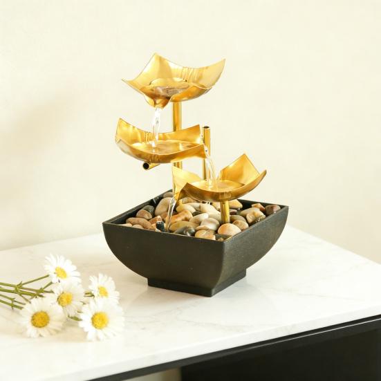 Gold Tabletop Water Fountain 3 Tier Lotus Indoor Desktop Fountain Ornament with Light Small Decorative Waterfall Fountain for Home Bathroom Decor