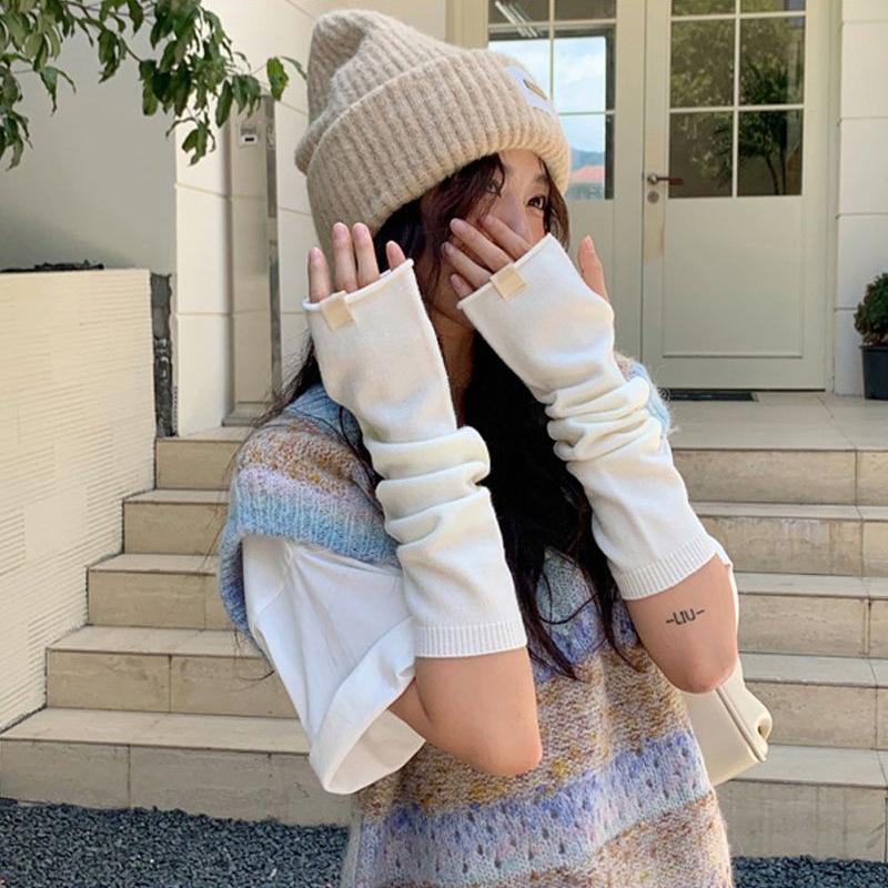 Japanese knitted wool gloves women's new autumn and winter dew finger touch screen cold-proof warm arm guard solid color long sleeves