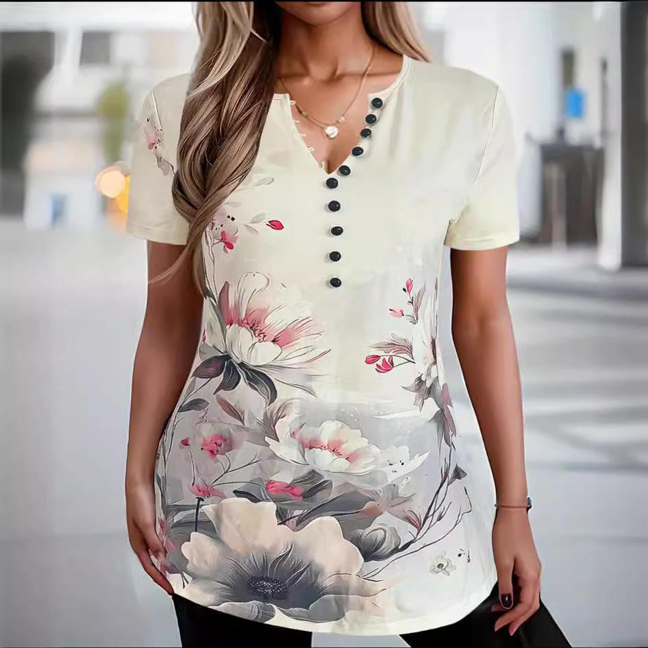 

Women s Short-sleeved V-neck Printed Casual Loose T-shirt XXL жовтий