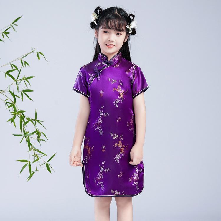Chinese Style Girls Cheongsam Dress Brocade Summer Retro Button Stand Collar Stage Performance