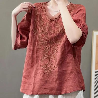 Women's Summer Solid Color V-neck Embroidered T-shirt Literary Loose Casual Temperament Tops