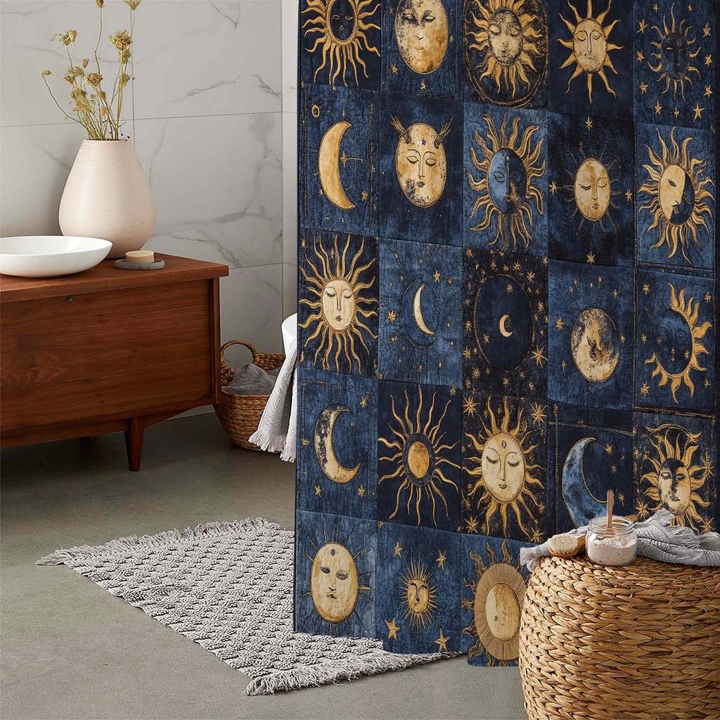 A Waterproof Shower Curtain with a Patchwork Design Featuring The Sun, Moon, And Stars, Including 12 Hooks for Hanging.