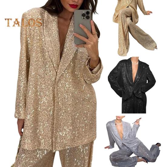 Cămașă cu paiete, pantaloni, cu rever, cu decolteu în V, cu mânecă lungă, haină de lungime mijlocie, cu picior lat, pantaloni supradimensionați pentru petreceri, ținută de celebrități de club