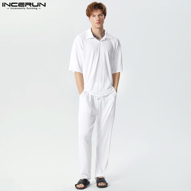 

INCERUN мужские однотонные рубашки с лацканами и длинные брюки летний костюм