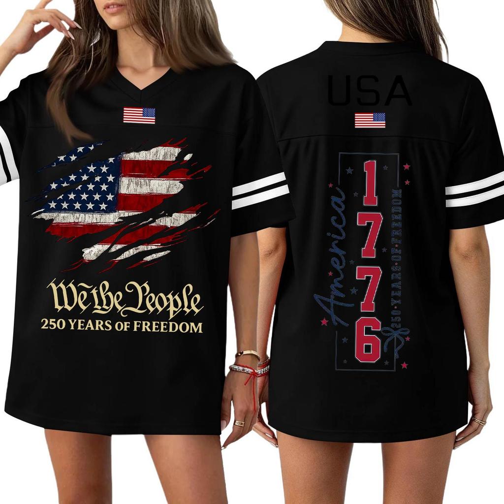 Damska Codzienna Modna Koszulka Sportowa z Dekoltem V z Nadrukiem na Dzień Niepodległości Krótkim Rękawem Top