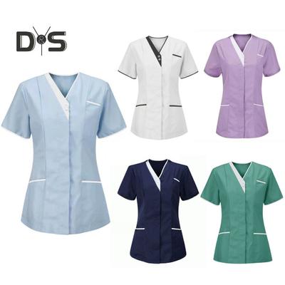 Krankenschwesteruniform, Oberteile für Damen, V-Ausschnitt, kurze Ärmel, Taschen, Overalls, Uniformen, Patchwork-Farben, Pflege-Arbeitsoberteile, Arbeitskleidung