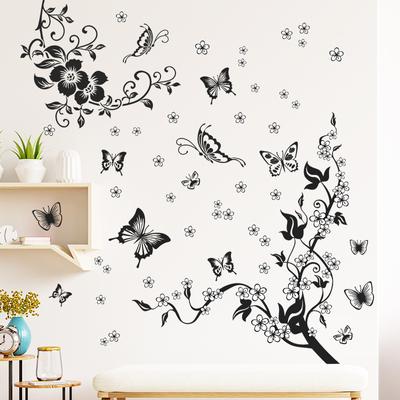 DIY Black Flower Butterfly Tree Vinyl Art Decal Home Wall Sticker Room Decor