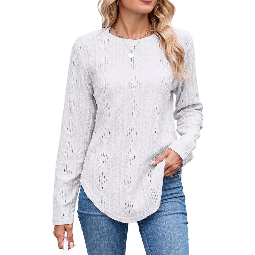 European and American Autumn and Winter Casual Round Neck Long Sleeve Curved Hem T-shirt Button Hollow Top