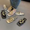 2025 new square-headed open-toed flip-flops wear versatile toe casual flat-bottom metal buckle niche sandals summer