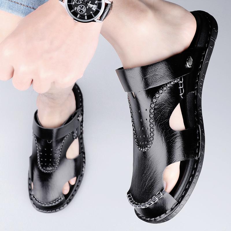 Men's Baotou Sandals Two Ways To Wear Genuine Leather Summer Beach Slippers Male Non-Slip Comfortable Outdoor Shoes High Quality