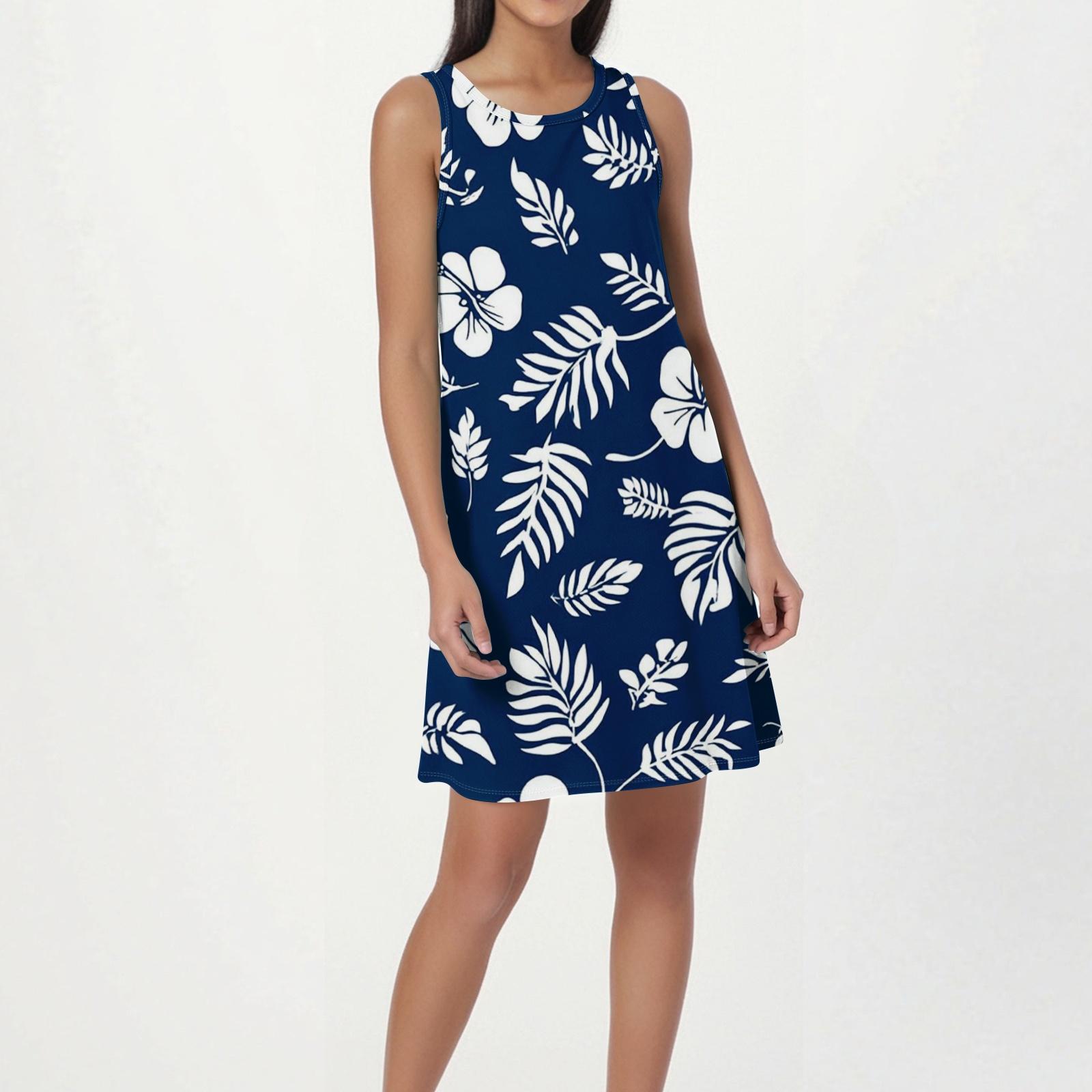 Women s Fashion Beach Dress Sleeveless Round Neck Floral Print Dress L