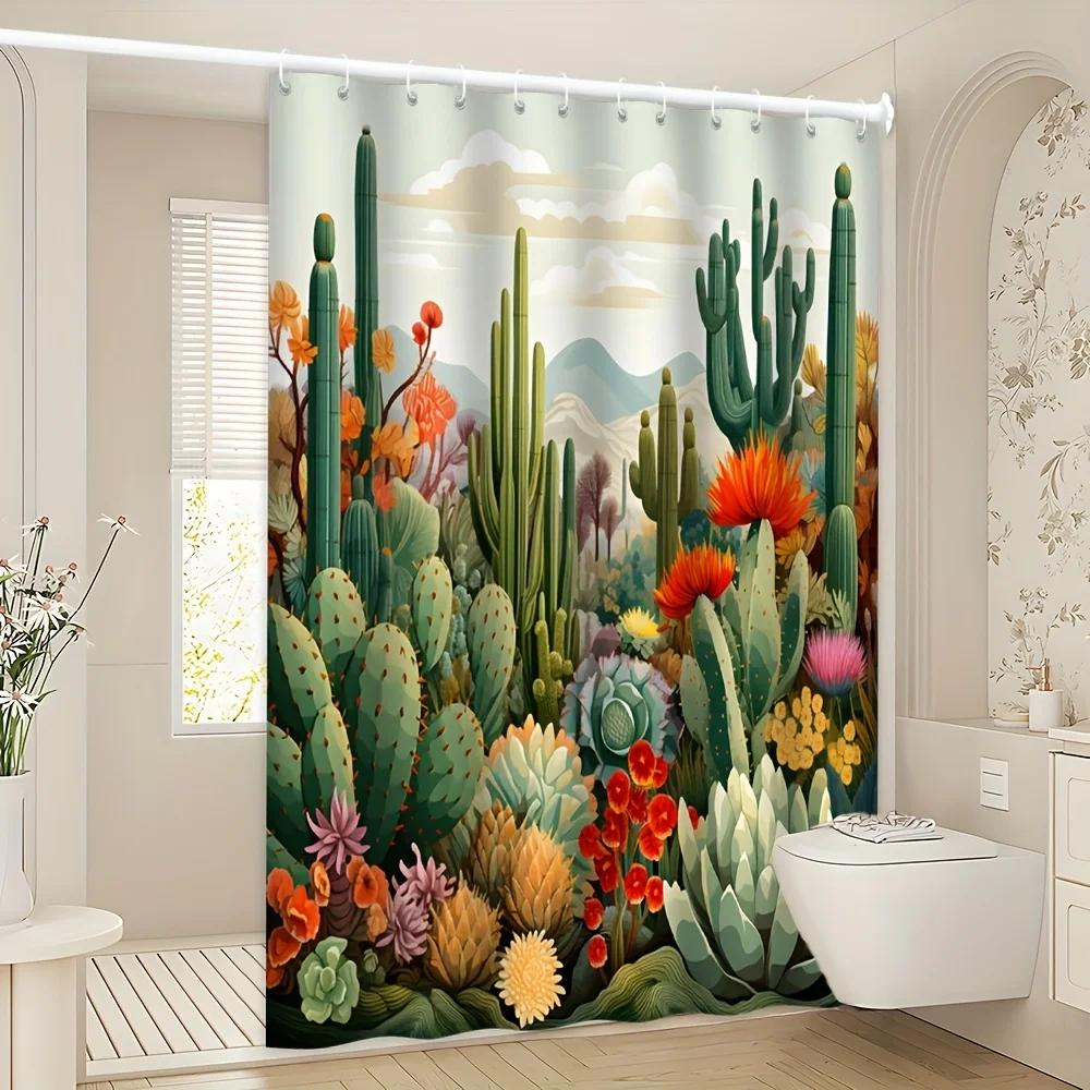 Desert Oasis Shower Curtain - Vibrant Cactus, Floral & Mountain Theme for Bathroom Decor, Adds Exotic Charm and Colorful Beaut