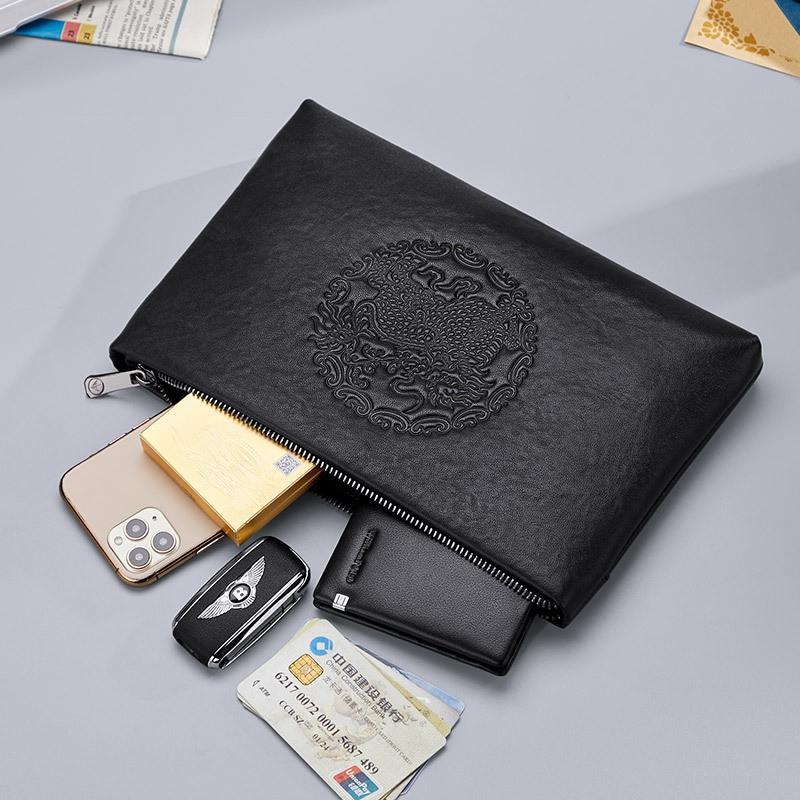Mens Genuine Leather Clutch Bag Urban Minimalist Design Geometric Embossed Business Casual Handheld Purse Daily Use