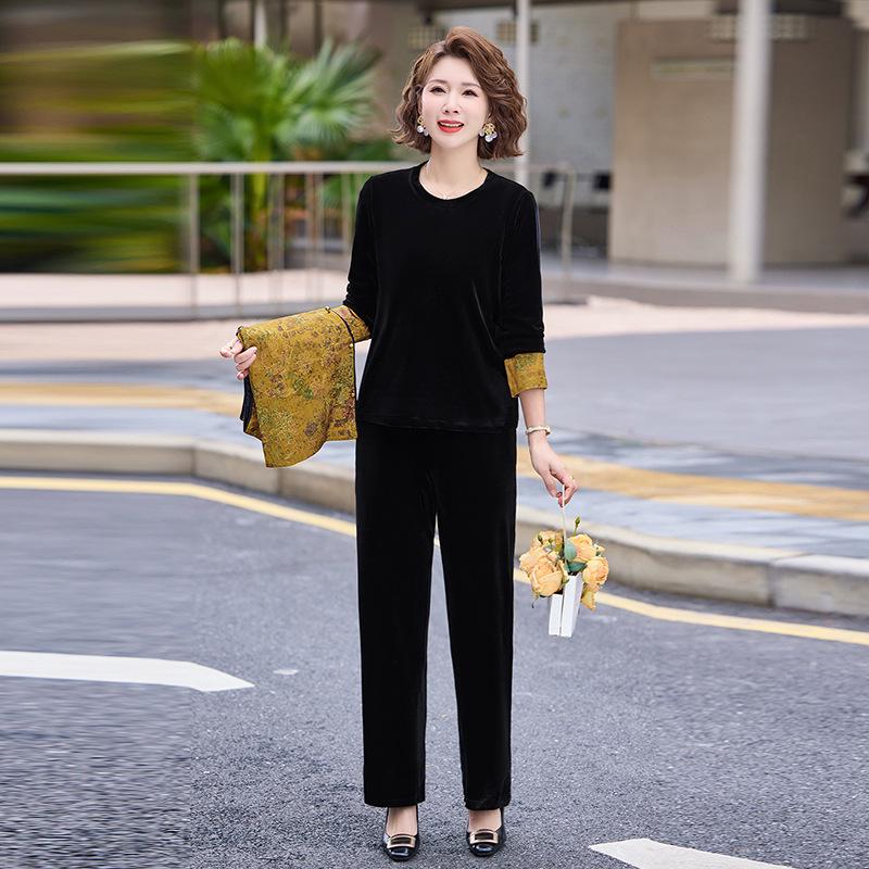 2026 Chinese Style Golden Velvet Spring Suit for Middle-Aged Women: Three-Piece Vest Set