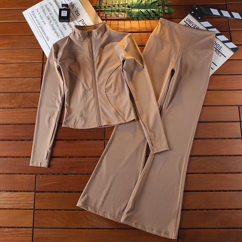 Women's Autumn/Winter Fitness Set: Elastic Quick-Dry High-Waisted Flared Pants & Slimming Yoga Jacket