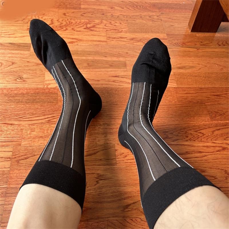 Mens Thin Dress Socks Silk Sheer Business Socks Contrast Color Ribbed Striped Pattern Middle Calf Socks for Formal Event