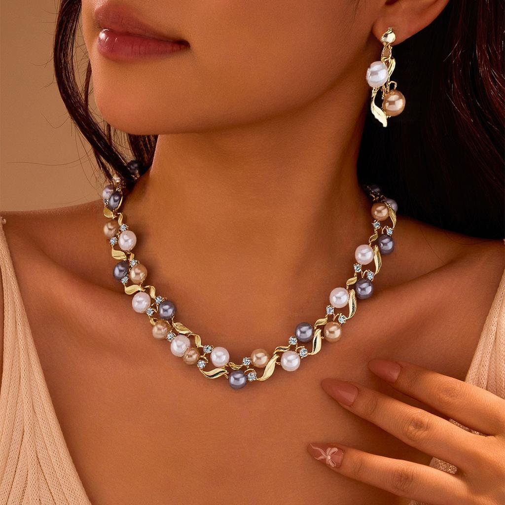 Vintage Turquoise Artificial Pearl Inlay Jewelry Set Necklace Earrings Elegant Statement Accessories for Women