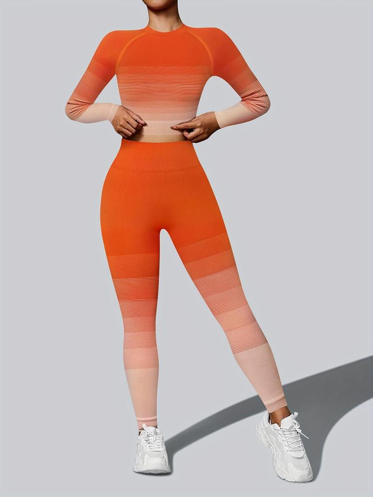 Orangefarbenes Sportset mit Farbverlauf: Langarm und Hose für Laufen, Fitness und Yoga