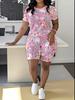 Leopard Print Splicing Women's Casual Suit Short-sleeved Shorts 1D Digital Flower Printing Fashion T-shirt Set