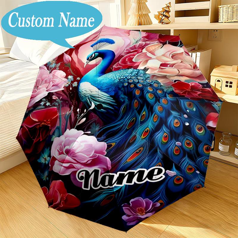 Custom Name Umbrella Peacock Flowers Romance Umbrella 8-Frame for Travel, Camping, Casual Lightweight Portable, Essential for Family Gifts