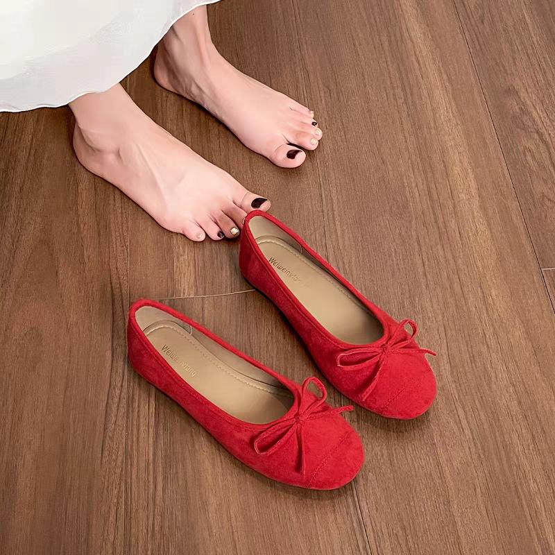 Source factory~ 2025 new spring and autumn French flat-soled single shoes women's bow suede one-pedal Doudou shoes