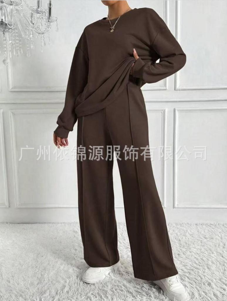 Light Grey Ribbed Knit Loungewear Set with Wide Leg Pants