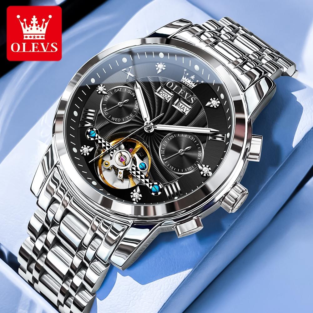 OLEVS Men's Watches Luxury Fashion Fine Steel Original Automatic Mechanical Watch for Man Flywheel Movement Calendar Waterproof