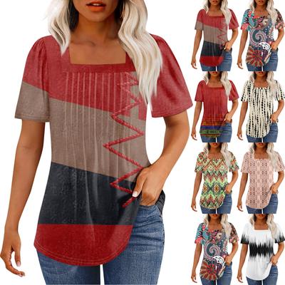 T Shirts For Women Pleated Square Neck Dressy Casual Blouses Printing Short Sleeve Summer Tops Loose Fit