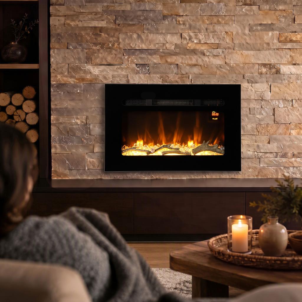 Electric Fireplace 60 cm Built-in or Wall Mounted, 1800W, 24-Hour Timer, Adjustable Flame, Crystals