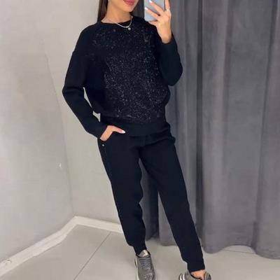 2 Pcs/Set Women Top Pants Suit Rhinestone Decor O Neck Long Sleeves