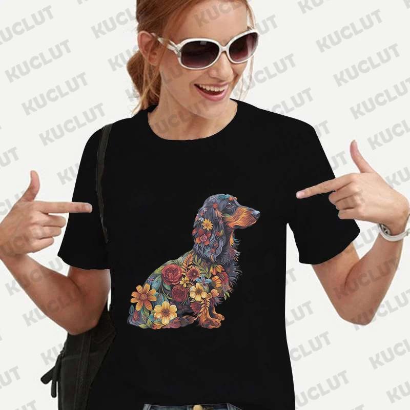 Floral Dachshund Shirt Women Harujuku Summer Tshirt Casual Female Tees for Lady Short Sleeve Y2k Tops Harajuku Female Clothing S