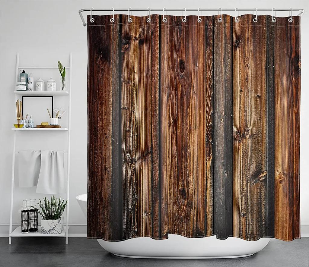 Rustic Country Style Barn Door Shower Curtains Farmhouse Western Brown Primitive Wood Rural Life Polyester Fabric Set With Hooks