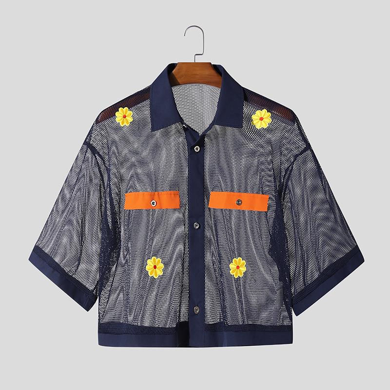 

INCERUN Summer Men Short Sleeve Mesh Flowers Patchwork See Through Cropped Shirts 3XL оранжевый