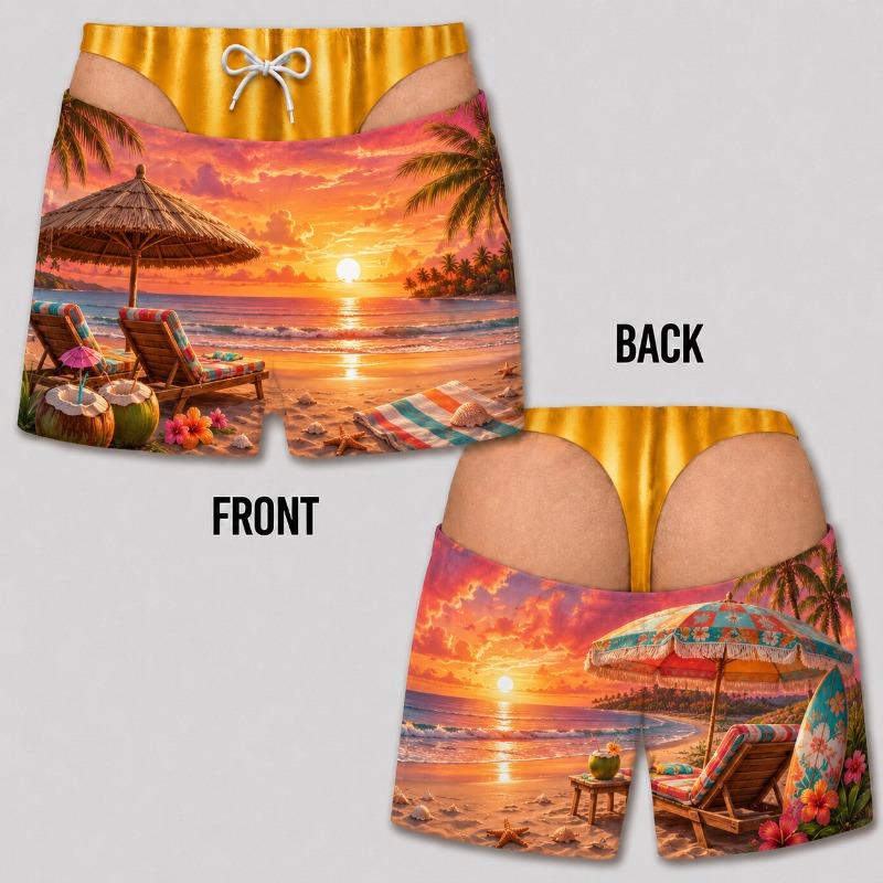 Mens Funny 3D Tropical Beach Sunset Swim Shorts Quick Dry Lightweight Summer Vacation Board Shorts Beachwear Party Gift