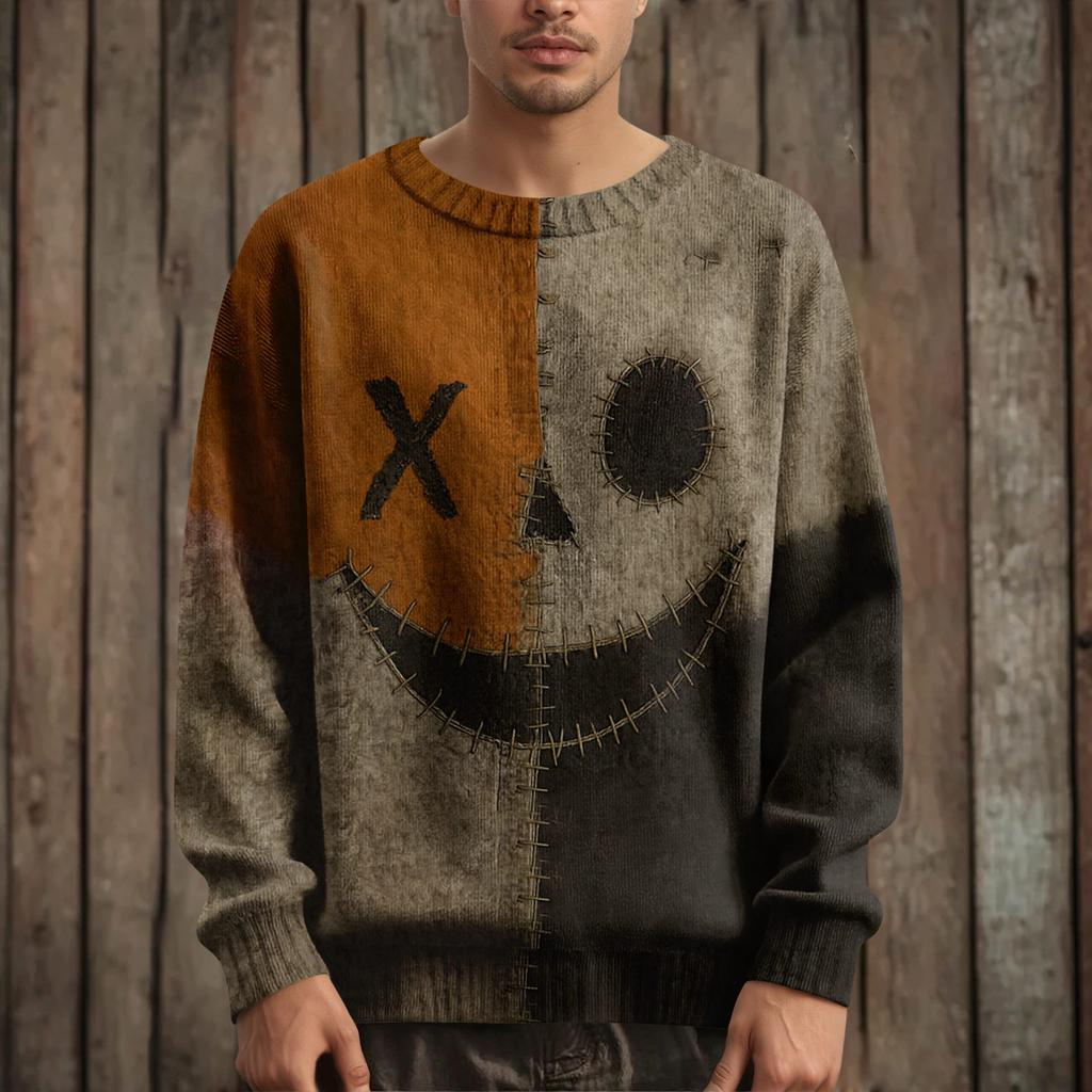 Men's Long Sleeve Pullover Sweater Casual Halloween Print Knit Oversized Sweater