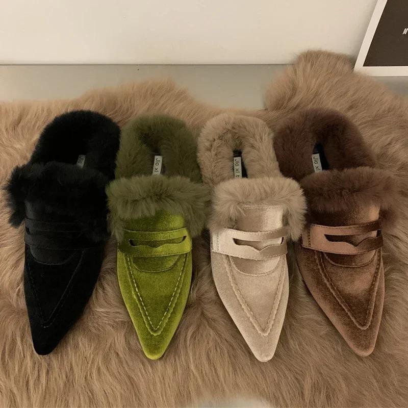 Women Luxury Velvet Mules Pointy Toe Slip-on Fur Sandals Ladies New Brand Design Outdoor Furry Slides Evening Party Heeled Shoes