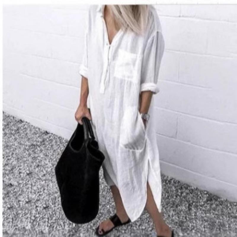 

Трансграничное элегантное однотонное платье с разрезом на лето и осень, простое платье-рубашка макси на пуговицах XXXL